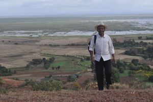 Best-dressed field assistant Herizo, view of Lake Alaotra near Andreba-Gara