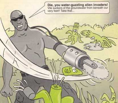 The South African approach to alien plants.  Cartoon from environmental education material collected in 2006 (thanks to Rémy Kinna).